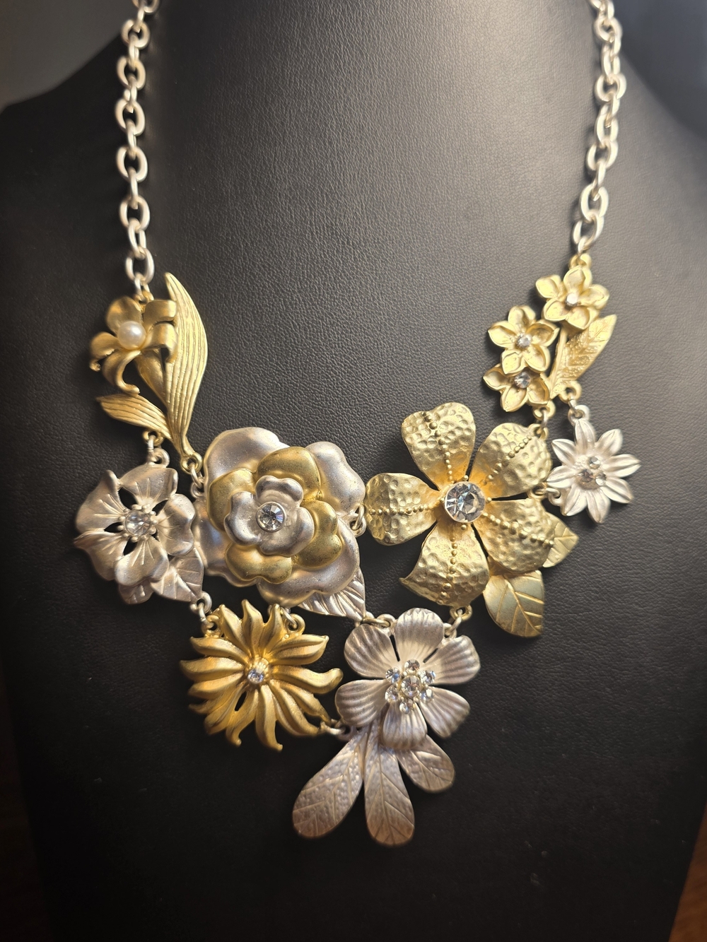 Floral Two-Tone Statement Necklace - Gold & Silver Toned. Rhinestones.